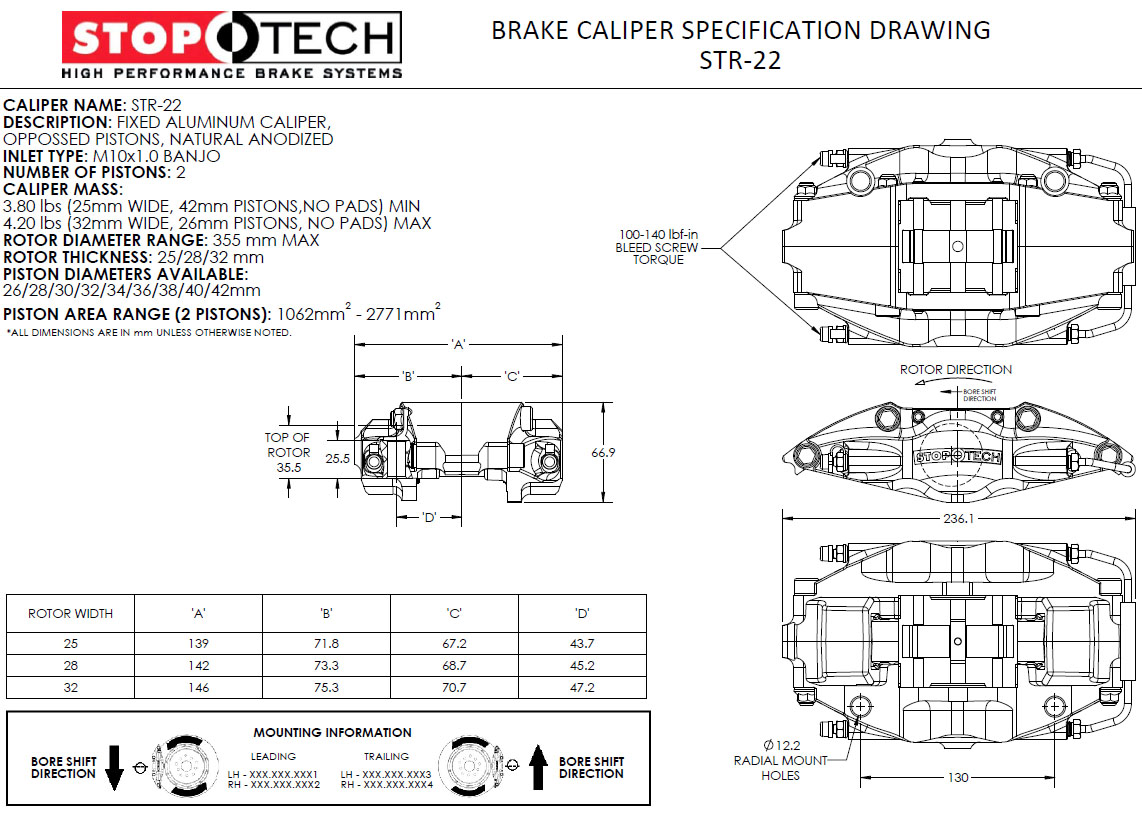 StopTech STR-22 Caliper Specifications