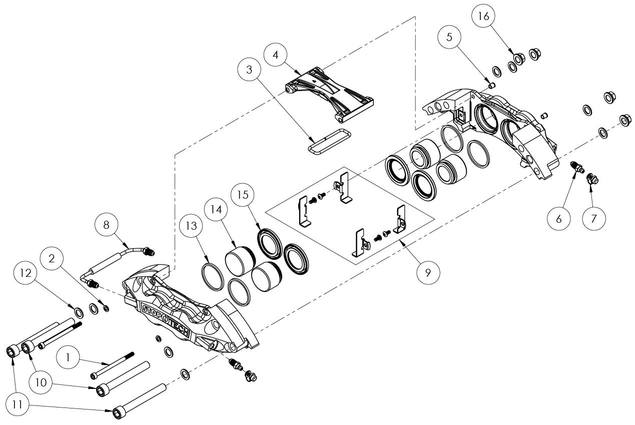 Exploded diagram of StopTech STR-40 Trophy Caliper