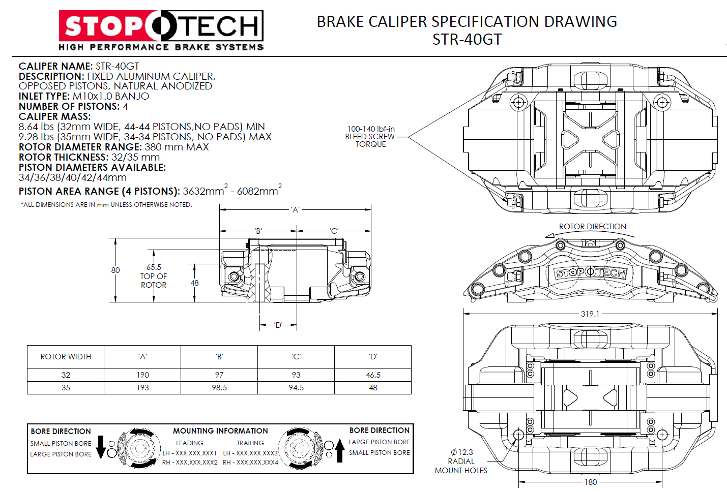 StopTech STR-40GT Caliper Specifications