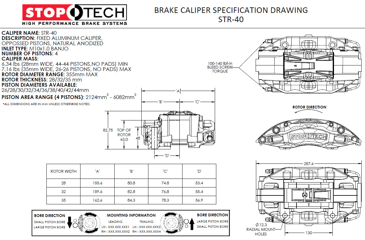 StopTech STR-40 Caliper Specifications