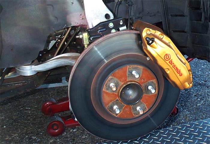 Close-up of factory brakes on 350Z Track Model